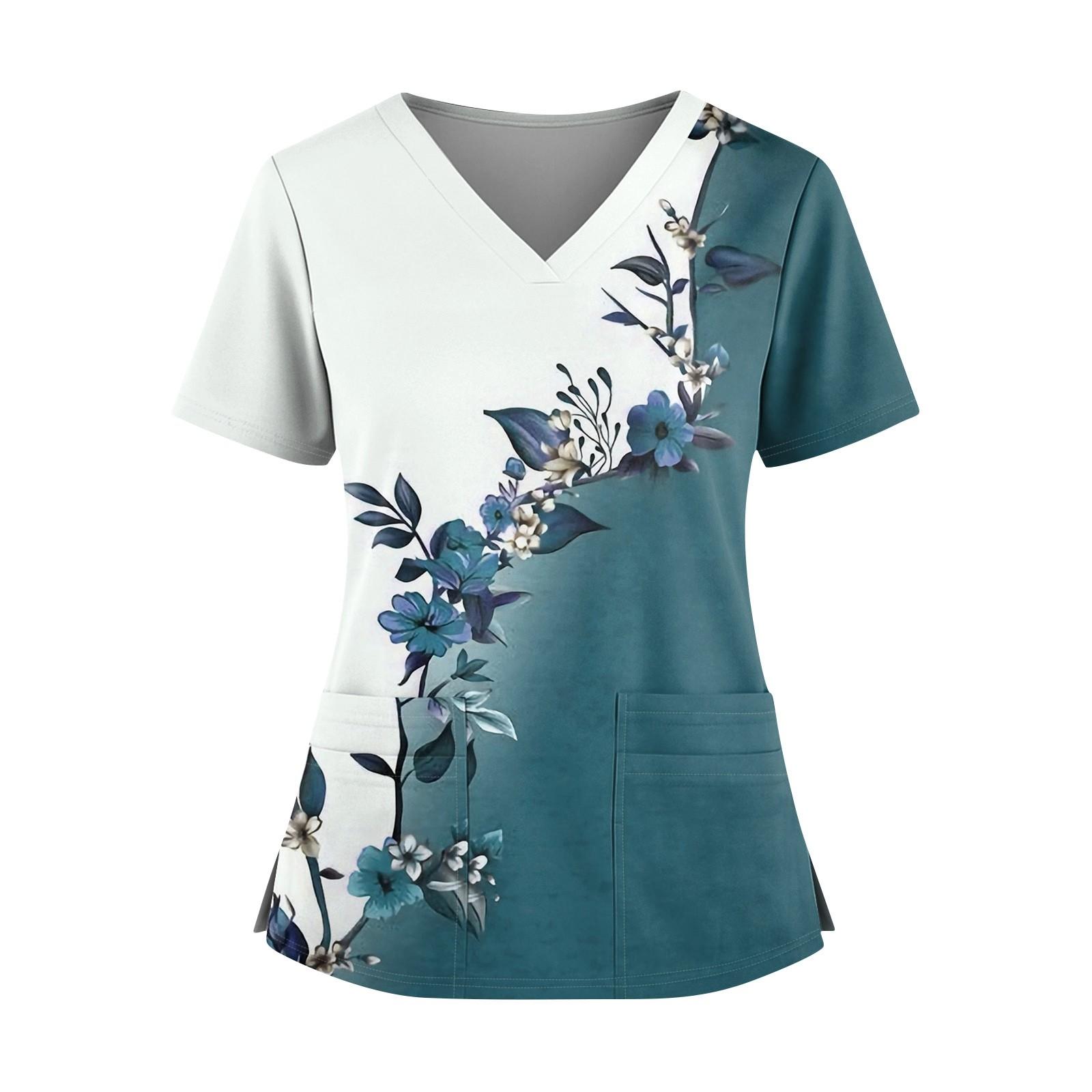 

Женская модная рубашка с принтом, V-образным вырезом, двойным карманом, короткими рукавами и разрезами по подолу, униформа и рабочая блузка XL
