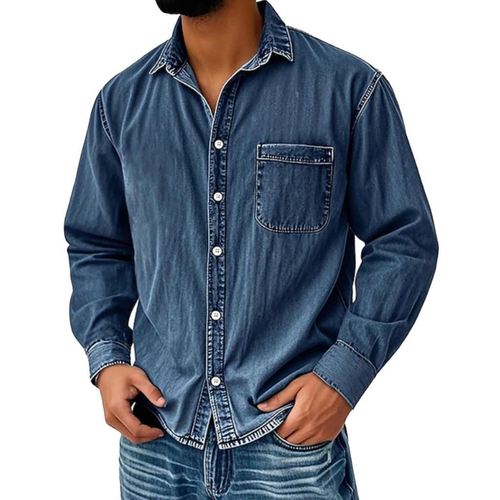 Men's Casual Solid Color Distressed Denim Shirt, Men's American Workwear, Retro Washed Long-sleeved Top