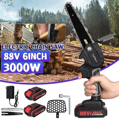 3000W 6palcová 88V mini elektrická řetězová pila s 2ks akumulátorem dobíjecí dřevoobráběcí prořezávací pila Jednoruční zahradní elektrické nářadí