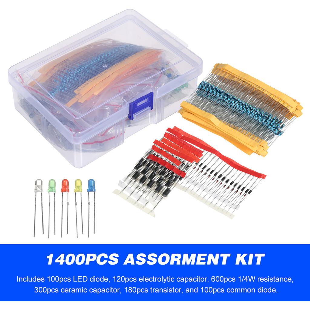 1400 Stück Elektronikbauteile Sortiment-Kit Sortiertes Elektrisches Element Starter-Kit mit 1 4W Widerstand LED-Diode