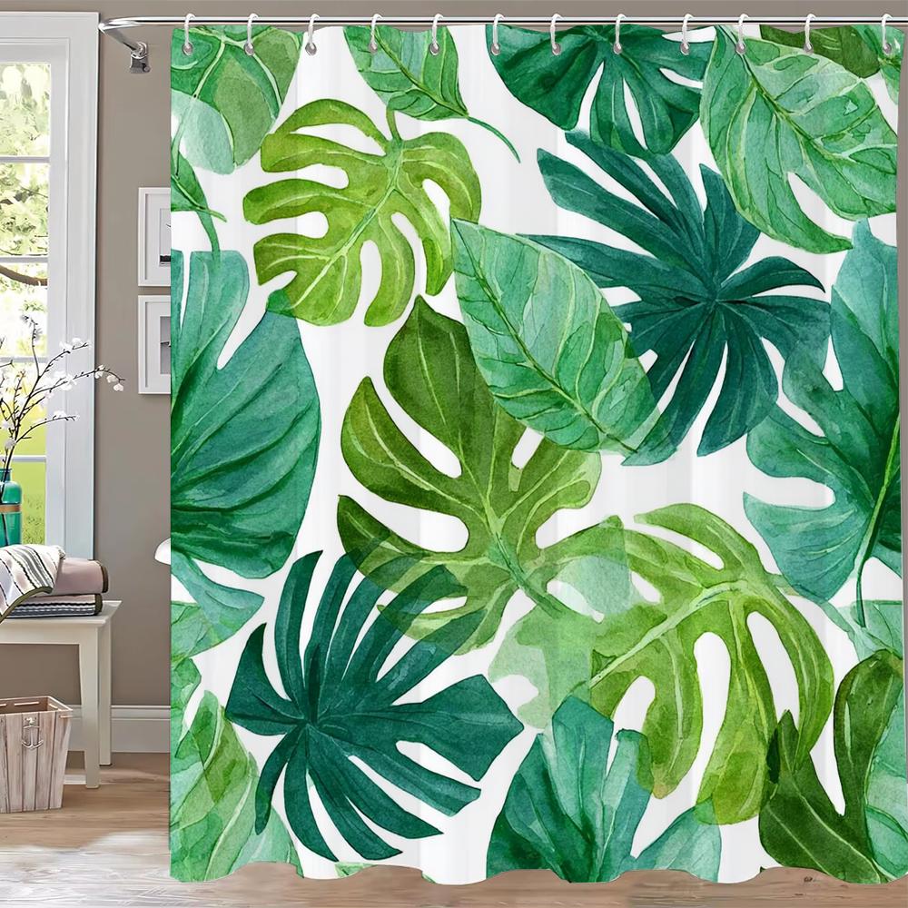 Tropical Leaves Shower Curtains Green Palm Leaf Plants Bath Curtain Set Modern Polyester Fabric Screen Bathroom Decor With Hooks