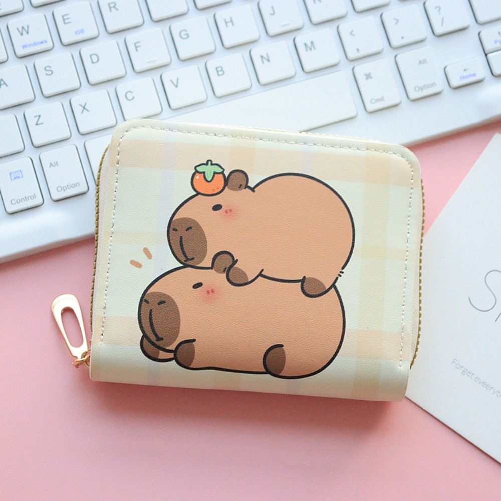Cute Cartoon Capybara Short Wallet PU Leather Zipper Coin Purse Multi Slot Credit Card Holder Waterproof Storage Bag Key Bag