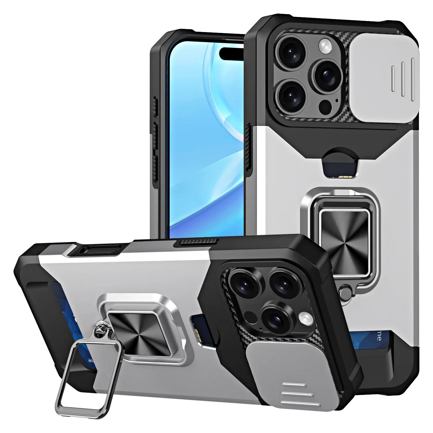 

Защитный чехол для телефона IPhone 16 15 14 13 12 11 Pro Max с кольцом-подставкой, карманом для карт и защитным окошком для камеры, военного качества For iPhone 13 mini