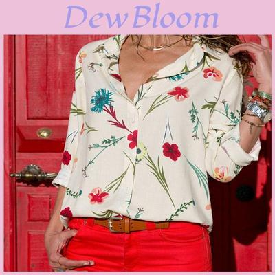 Women Autumn Striped Floral Long Sleeve Button V Neck T Shirt Casual Blouse Tops For Effortless Style And Comfort