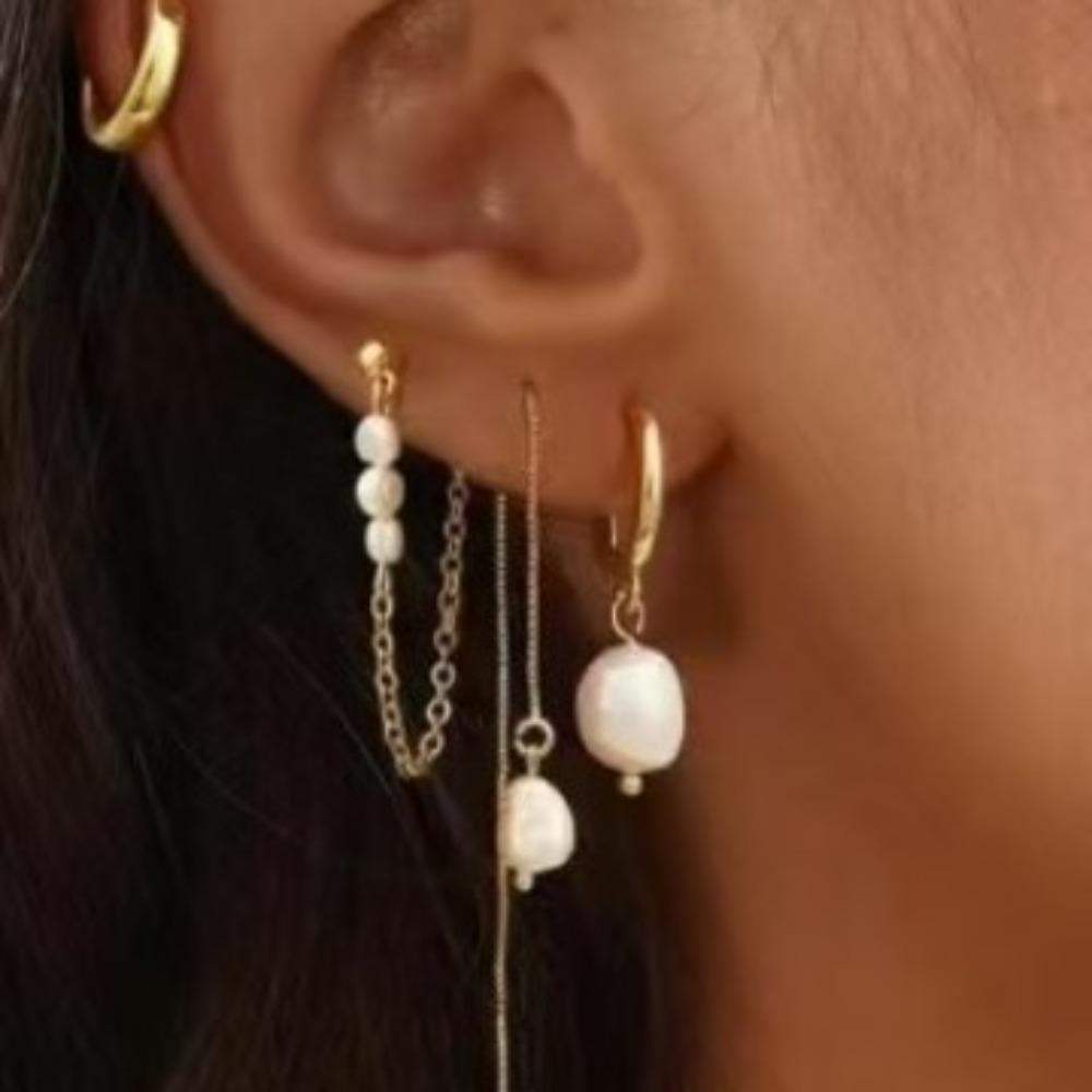 4pcs Set Charm Stainless Steel Ear of Wheat Inlay Zircon Imitation Pearl Tassel Hoop Earrings Ear Bone Nail for Women Jewelry