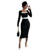 Women Color Block Patchwork Square Collar Long Sleeve High Waist Midi A Line Dress