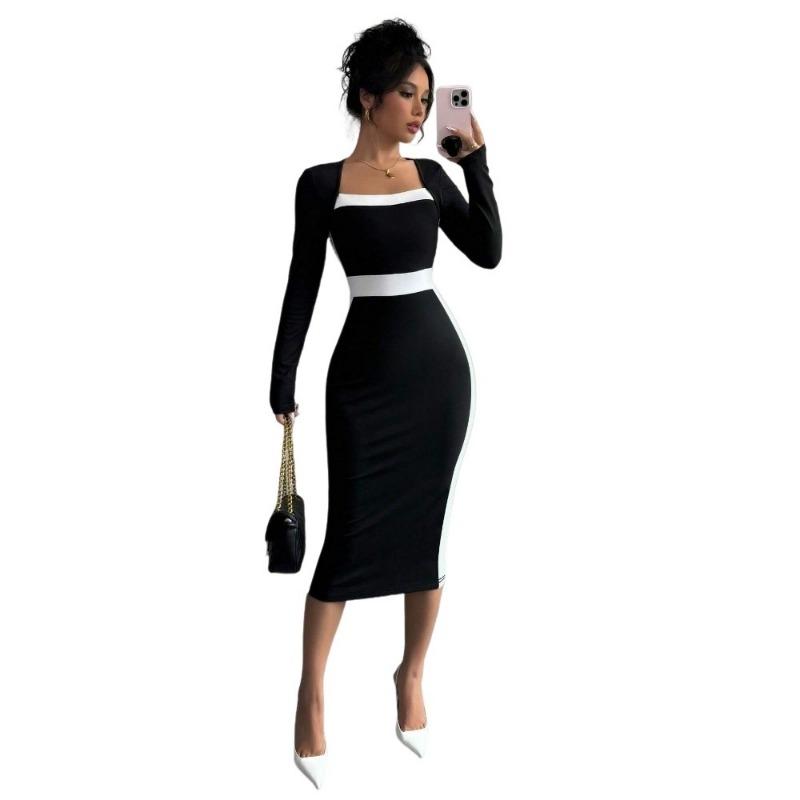Women Color Block Patchwork Square Collar Long Sleeve High Waist Midi A Line Dress