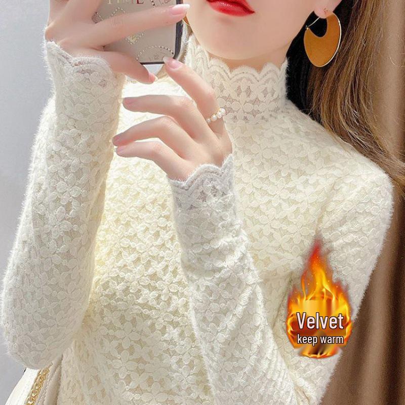 Dámský zimní top s krajkou a vysokým límcem, zateplený fleecem, slim fit - Hřejivý a všestranný