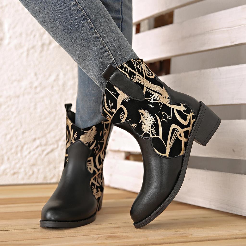 Fashion Graffiti Patchwork Cowboy Boots Woman Autumn Winter PU Leather Ankle Boots Women Thick Heeled Slip On Black Booties