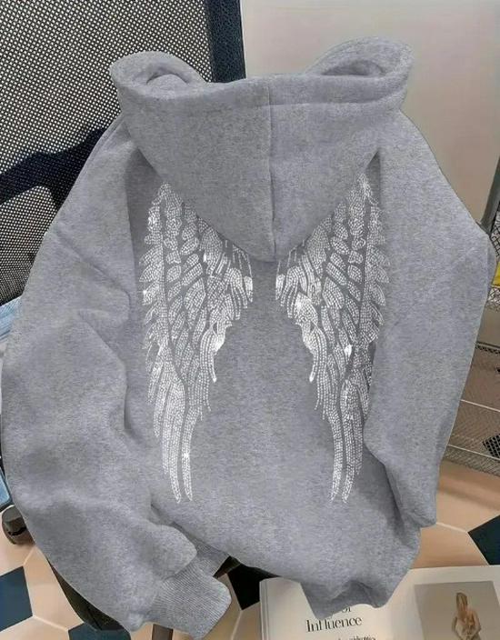 Trendy Wing Print Casual Loose Hoodie
