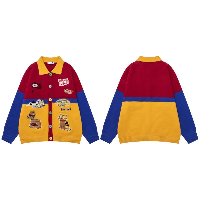 American Vintage Color Block Cat Embroidery Knit Cardigan Loose Fit Couples