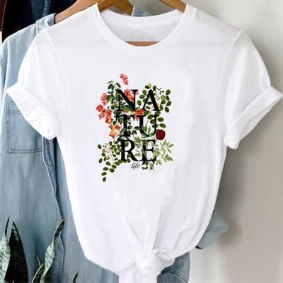 (Asian Size) Tee Top Women Print Lady Letter Plant Trend Cute Sweet 90s Clothing Casual Short Sleeve Fashion Tshirt Female Graphic T-shirt