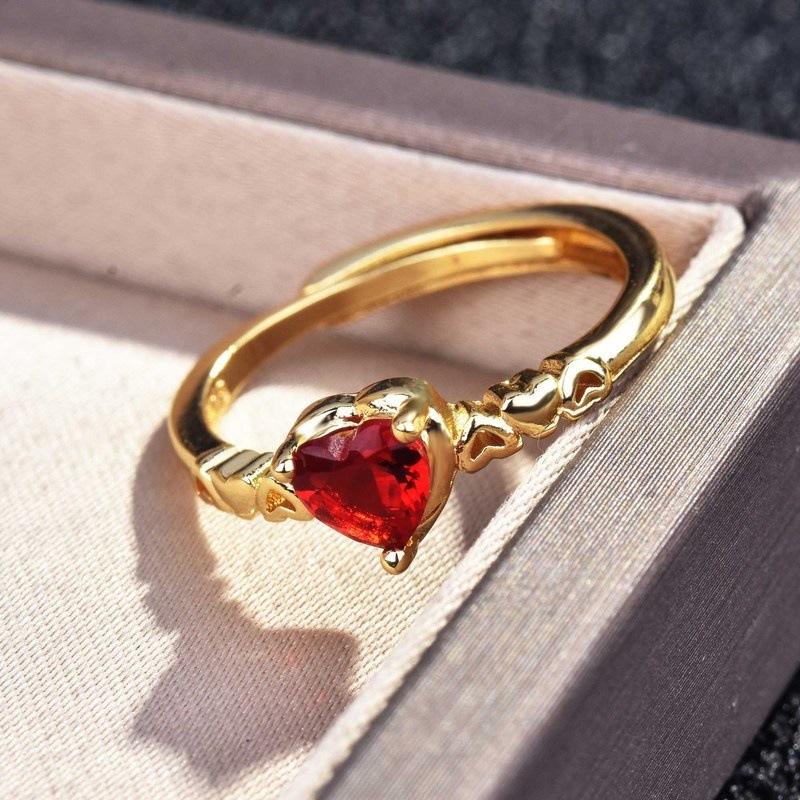 2025 New Hot Selling Women  Red Love Heart Ring Yellow Gold Plated Copper Ins Open Adjustable Rings