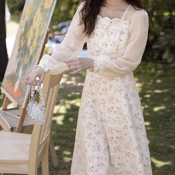 Autumn 2026 French Floral Square-Neck Retro Dress for Women XL абрикосовый