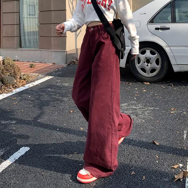 Autumn Angora Red High Waist Trousers American Female Clothing Wide Leg Denim Pants Loose Casual Vintage Solid Color Basic Jeans