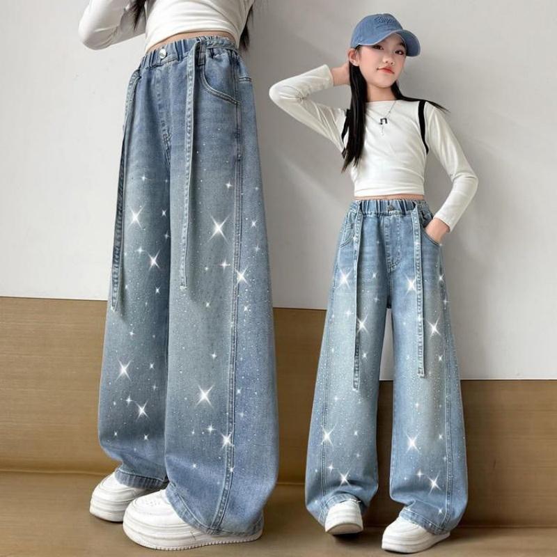 Autumn Cotton Bow Embroidery Girls Jeans Pants Solid Color Loose Wide Leg Trousers for Kids Girls Korean Soft Children Pants
