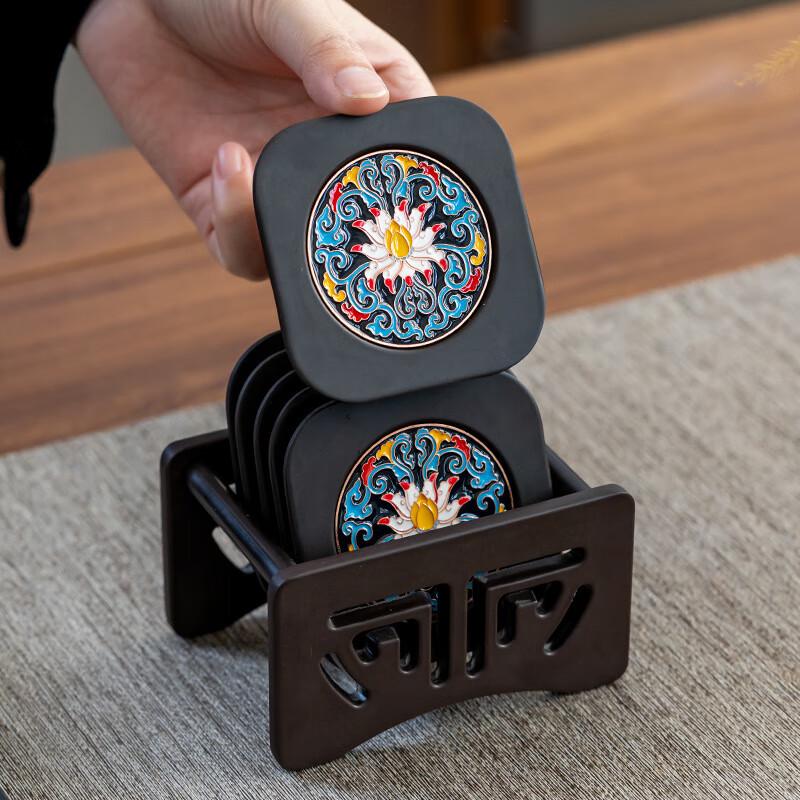 ZhiNianHua Bakelite Enamel Tea Coaster Set with Storage Rack