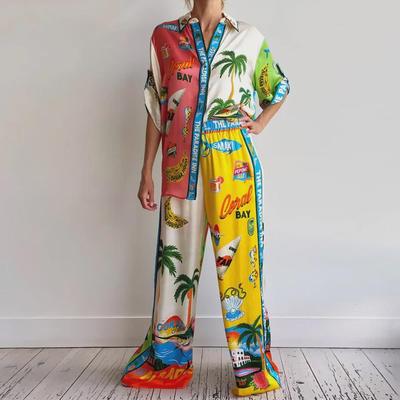 Summer 2024 European & American Women's Loose Printed Shirt & Trousers Casual Two-Piece Set.