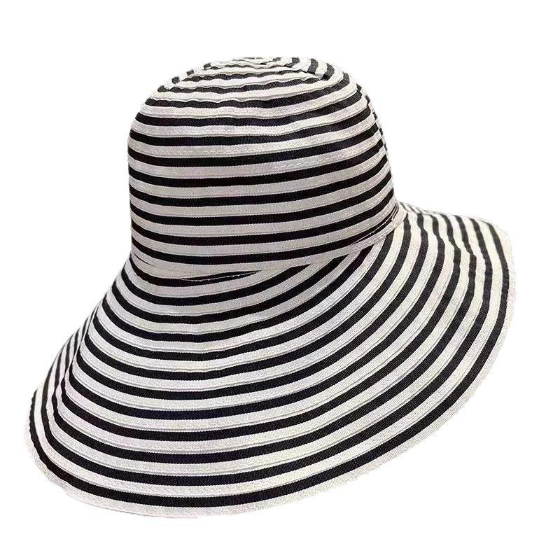 Color Blocking Striped Large Brim Sun Hat Summer Vacation Women Girls Outdoor Beach Bucket Hats Leisure Vacation Style Sun Hat