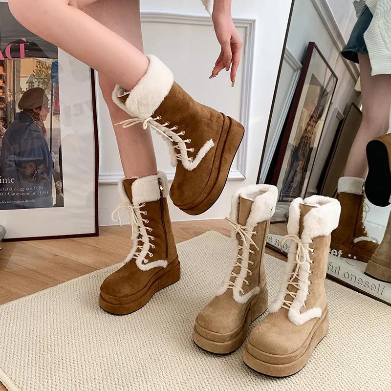 2024 Autumn and Winter New Thick Sole Suede Snow Boots Women's Fashion Thickened Mid-tube Cotton Boots