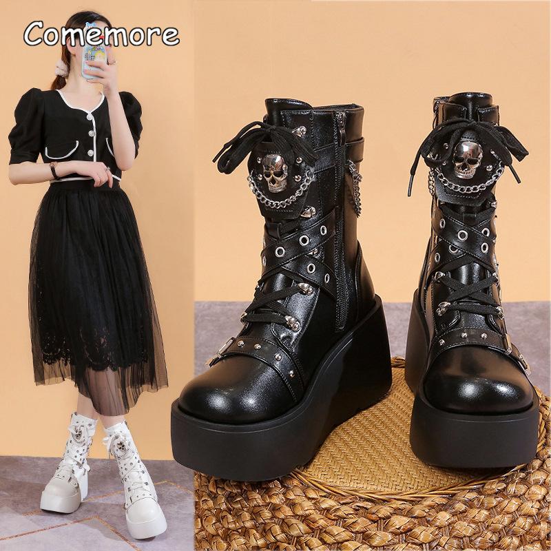Thick Bottom Wedge Heel Motorcycle Boots Women Plus Size 35-42 Punk Style Platform Black Short Ankle Boots for Women's Botines