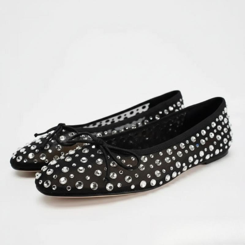 Rhinestone Bow Embellished Ballet Flats Women Comfortable Round Toe Mesh Mary Jane Shoe Luxury Designer Loafers Zapatos De Mujer
