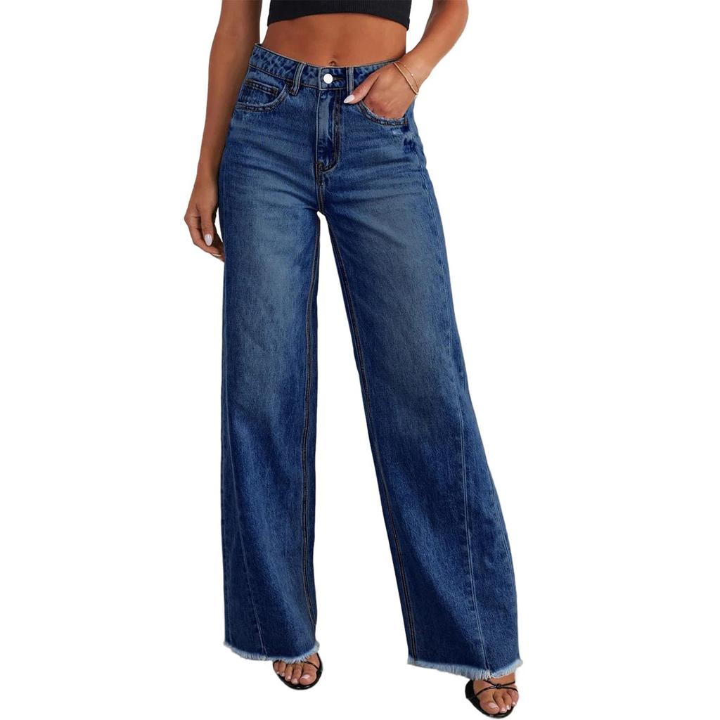 Women's Jeans Casual And Fashionable Straight Leg Elastic Fringed Denim Pants