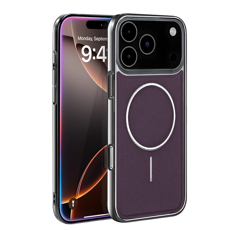 Brown Leather Magnetic Charging Phone Case For iPhone 17 12 13 14 15 16 Pro Max Air Luxury Plating Ultra Thin Shockproof Cover