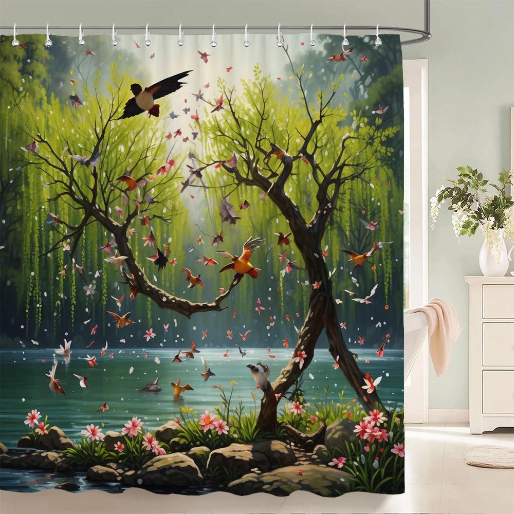1Pc Watercolor Floral And-Bird Printed Shower Curtain With Hooks - Design Chic Leaves Flowers Bathroom Curtain Home Decoration