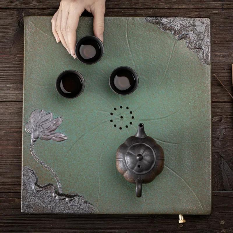 Kreatives Teetablett aus Keramik im Retro-Stil, antikes vergoldetes Steinzeug, quadratisches Teetablett mit doppeltem Verwendungszweck, Abtropf-Teetisch, einfaches Tablett im japanischen Stil