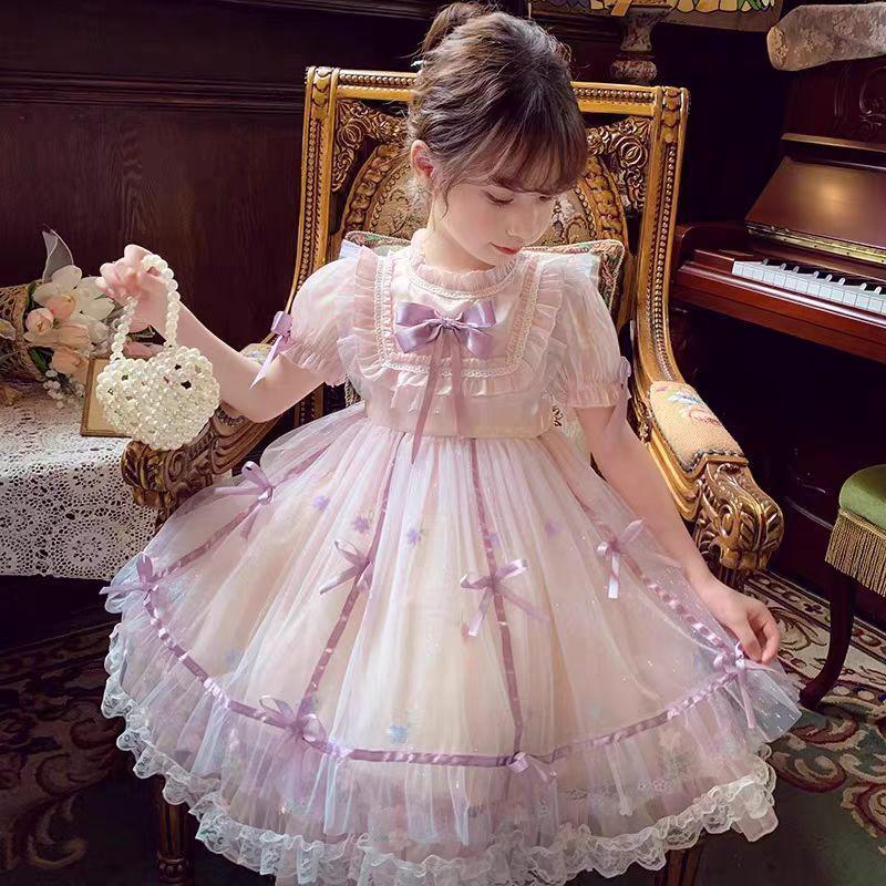 Girls' Pink Lolita Lace Bowknot Princess Dress with Puff Sleeves