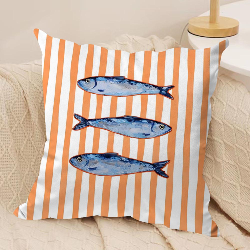 Ocean Life Theme Striped Double-Sided Printed Pillow Cover Short Plush Suitable Living Rooms Bedrooms Sofas Throw Cushion Cover