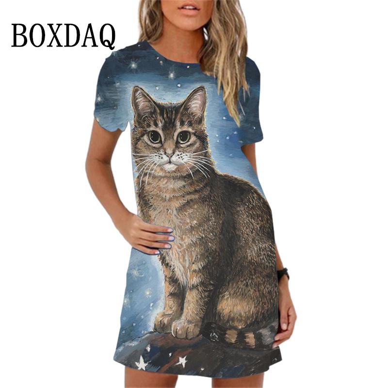 2026 Summer Women's Dress Funny Cat Print O-Neck Short Sleeve Loose Mini Dresses Casual Female Sweet A-Line Sundress Vestidos