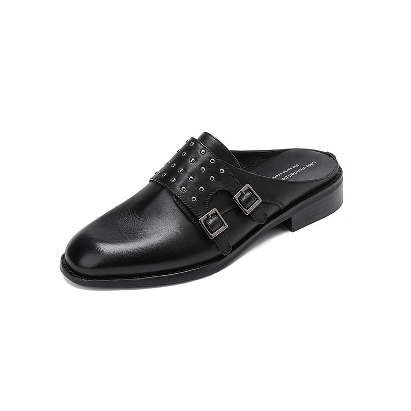 Fashion NEW Summer Women Mules Genuine Leather Shoes for Women Cover Toe Slingback Shoes Round Toe Low Heel Sandals Rivet Modern Slipper