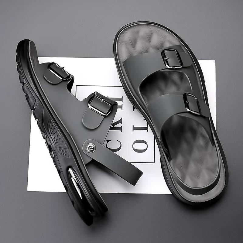 Summer Men's Genuine Leather Sandals Fashion Casual Non slip Large Hollow Breathable Sandals Men's Beach Shoes Hole Shoes