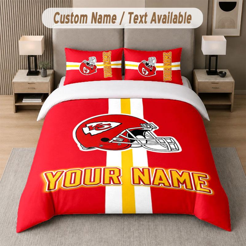 Custom Bedding Set Kansas City Chiefs Pattern, Print Name Text 1 Duvet Cover Plus 2 Pillowcases Home Textile