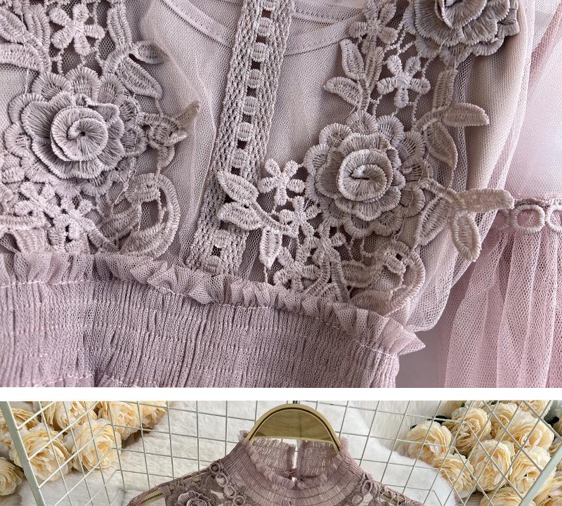 Three-Dimensional Floral Mesh Two-Piece Dress with Stand-Up Collar and Lantern Sleeves