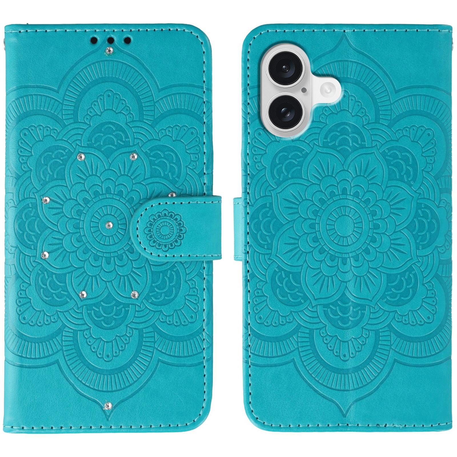 

For iPhone 17 Case Rhinestone Decor PU Leather Mandala Imprinted Design Phone Cover with Wrist Strap Blue