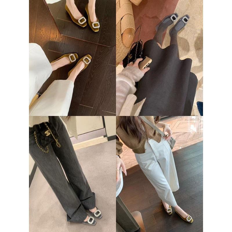 Sheepskin Version~ 2025 New High-end Xishi Velvet Square Head Rhinestone Square Buckle Shallow Mouth Single Shoes Women's Thick Heel Evening Shoes