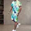 Men Plus Size Round Neck Short Sleeve Yellow Brown Red Printed Tie Dye Two Piece Shorts Set
