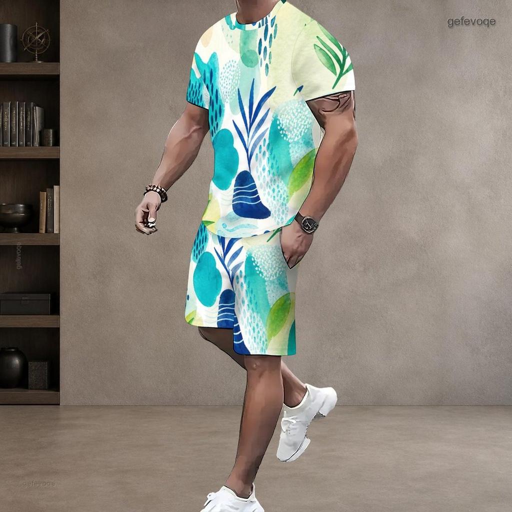 Men Plus Size Round Neck Short Sleeve Yellow Brown Red Printed Tie Dye Two Piece Shorts Set