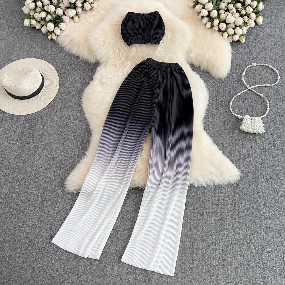 RUGOD 2022 Modeanzug Damen Sexy Tube Top Zweiteiliger Anzug mit hoher Taille Drapieren Lässige Farbverlaufsfarbe Gerade Hose mit weitem Bein