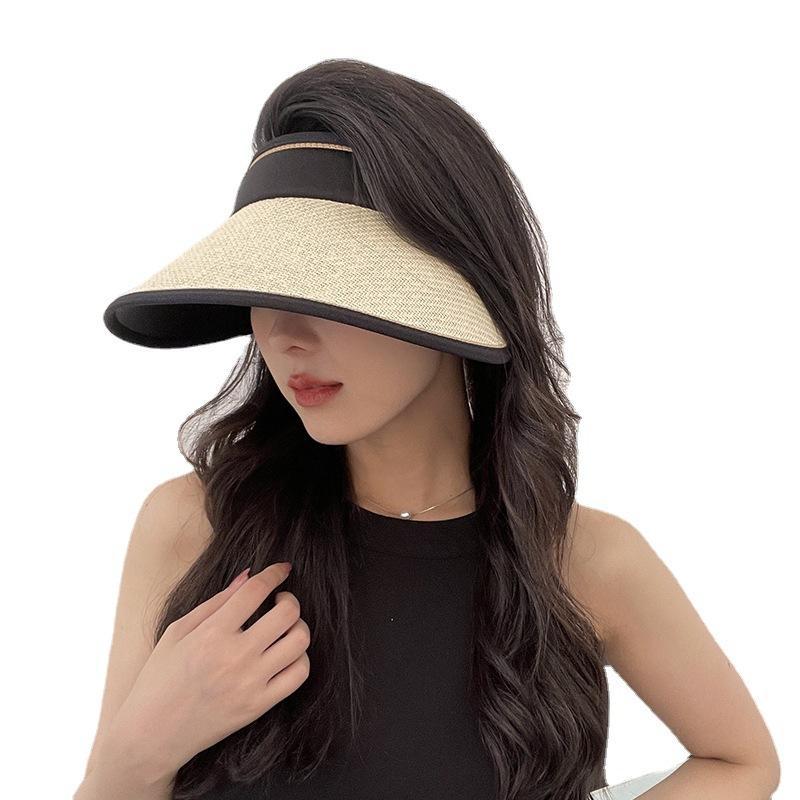 Women's Summer Wide-Brimmed Open-Top Straw Hat for Face and Sun Protection, Outdoor Cycling UV Protection Sun Hat with Black Coating