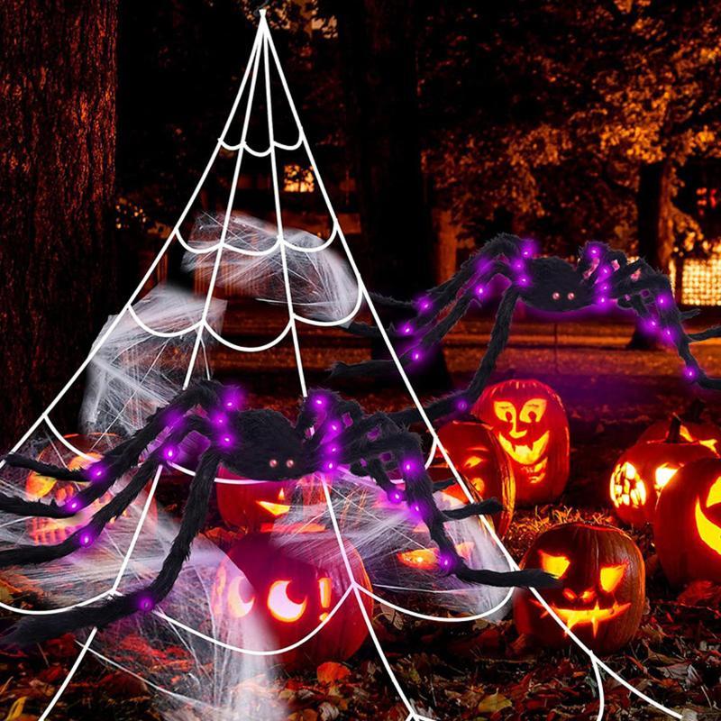 Halloween Riesige Leuchtende Flauschige Schwarze Spinne Lila LED Batteriebetrieben 8 Modi Spinnenlichter Für Innen Außen Veranda Dekor