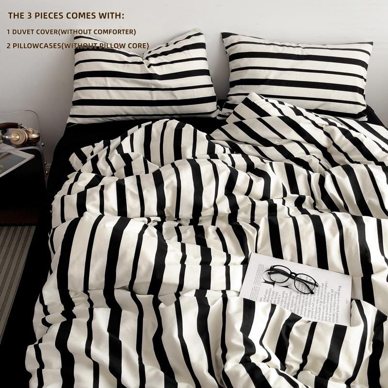 3-delige Zwart-witte streep Dekbedovertrekset (1*Dekbedovertrek + 2*Kussensloop, Zonder Vulling),Zwart wit gestreept Beddengoed Set 135×200cm zwart