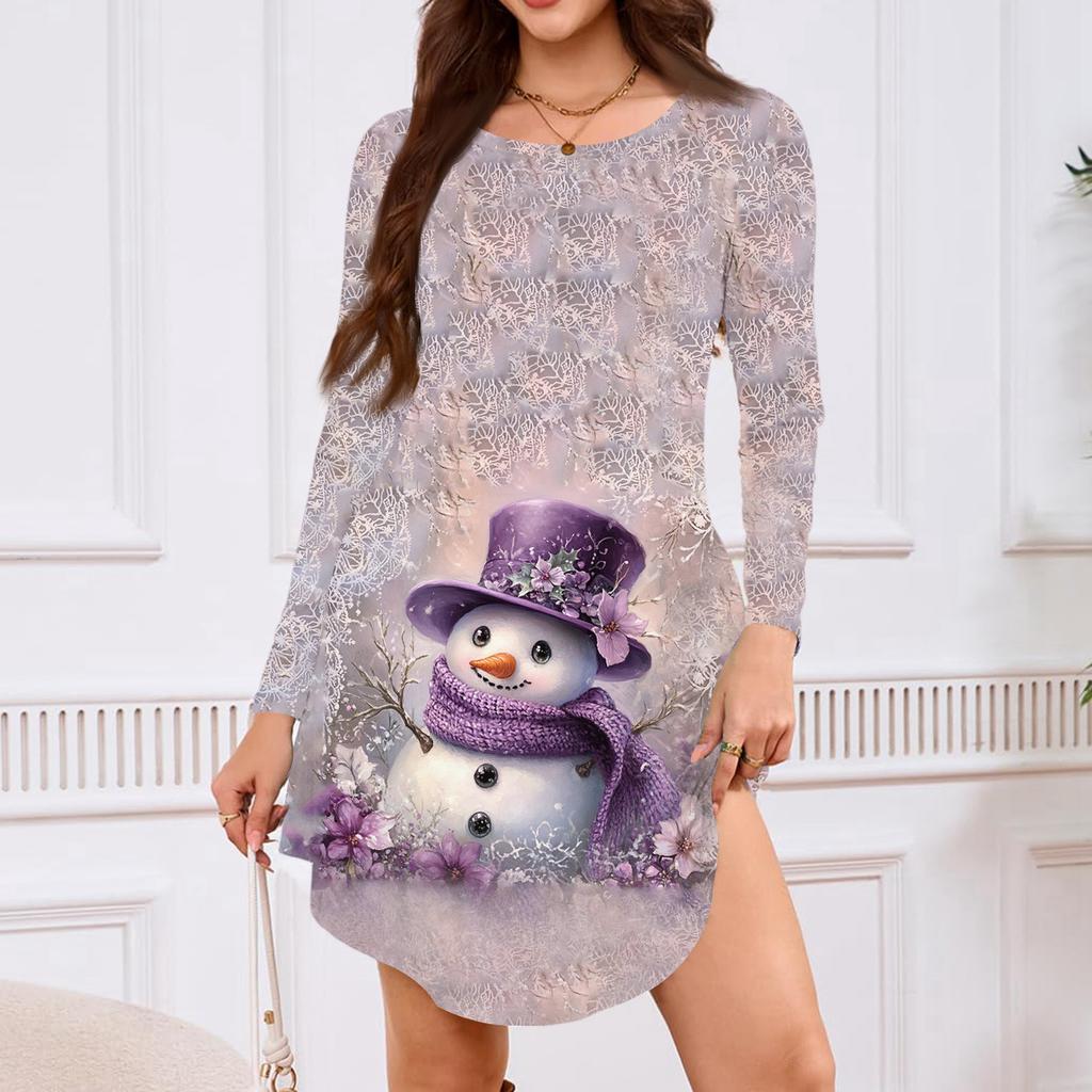 Women's Long-sleeved T-shirt Dress With Round Neck, Knee-length, Loose Fit, Casual And Pockets