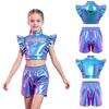 Sleeveless Ruffle Metallic Crop Top and Tear-away Side Snap Shorts Set Rhinestone Adorned Mesh Patchwork for Kids Jazz Hip Hop Dance