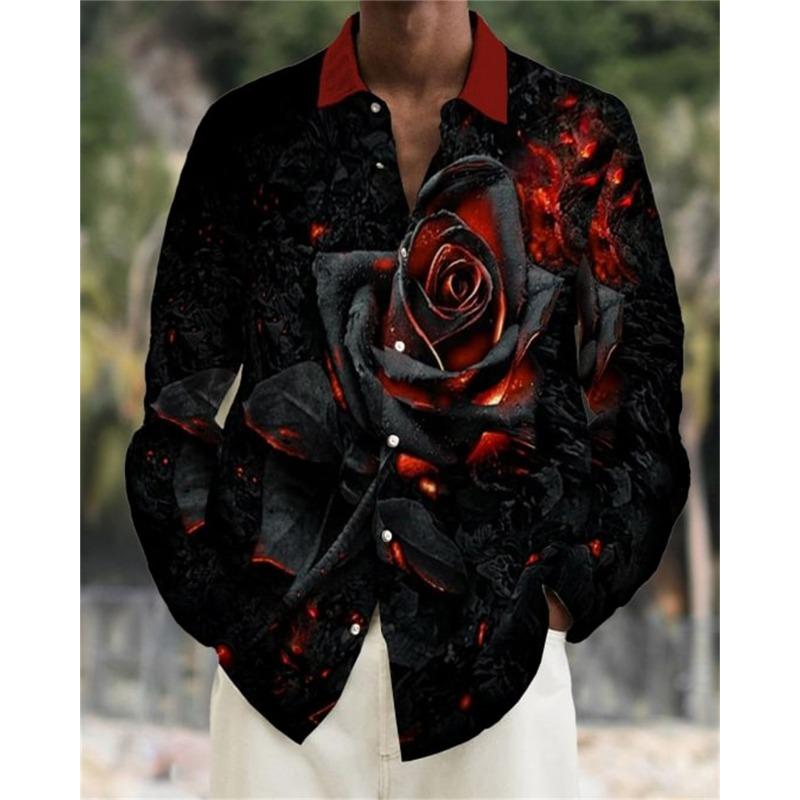 2024 Men s long sleeved shirt Flame Rose pattern 3D printed top for spring autumn new fashion casual men s unisex clothing XL