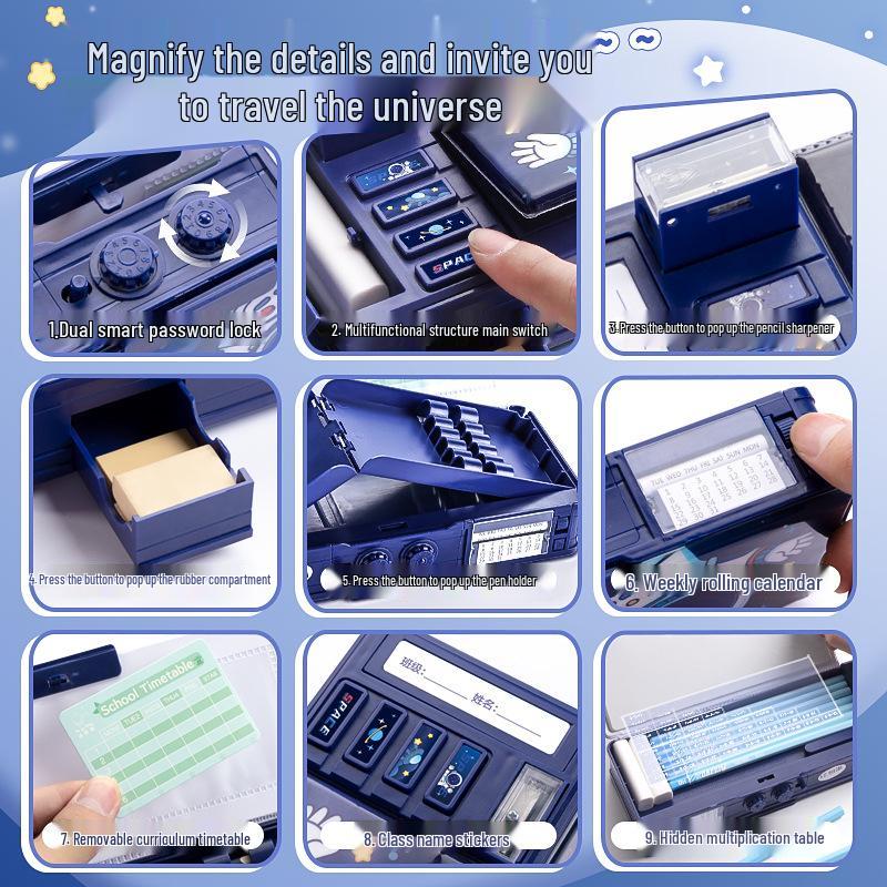 Kids Multi-Functional Pencil Case with Password Lock - Double Layer, Large Capacity for Boys and Girls