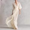 European & American Socialite Deep V-neck Puff Sleeve Cinched Waist Long Dress for Autumn Banquets